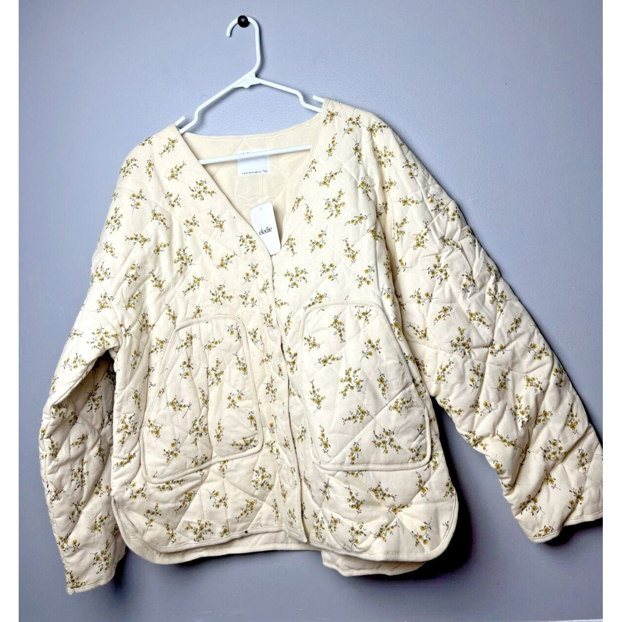 Elodie Jacket Womens Ecru Floral Quilted V Neck Patch Pockets Size XL