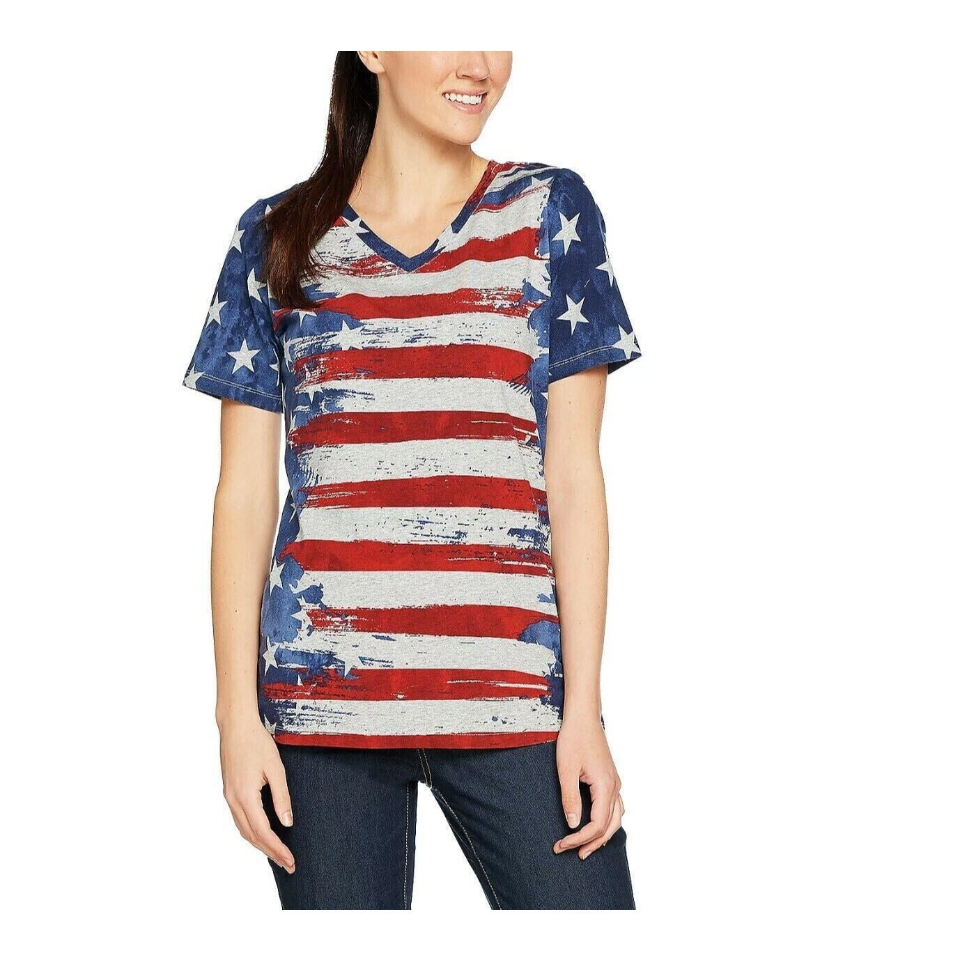 Denim & Co. American Flag Print Short Sleeve V-Neck Top Navy/Red M A291647