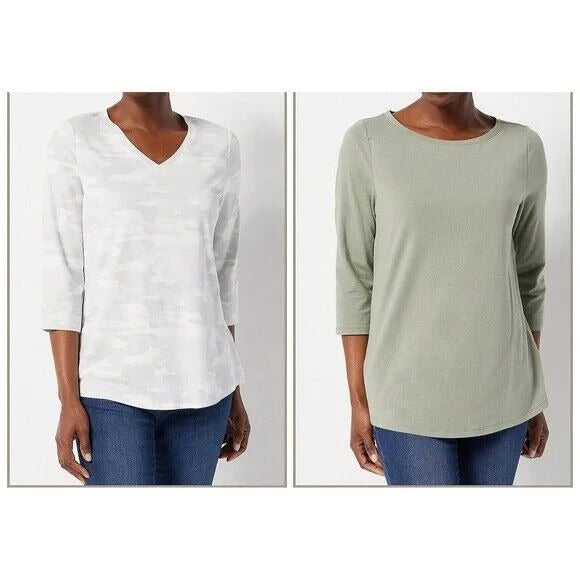 Belle Kim Gravel Set of 2 TripleLuxe Knit 3/4-Sleeve Tops- Camo/Green Tea, Large