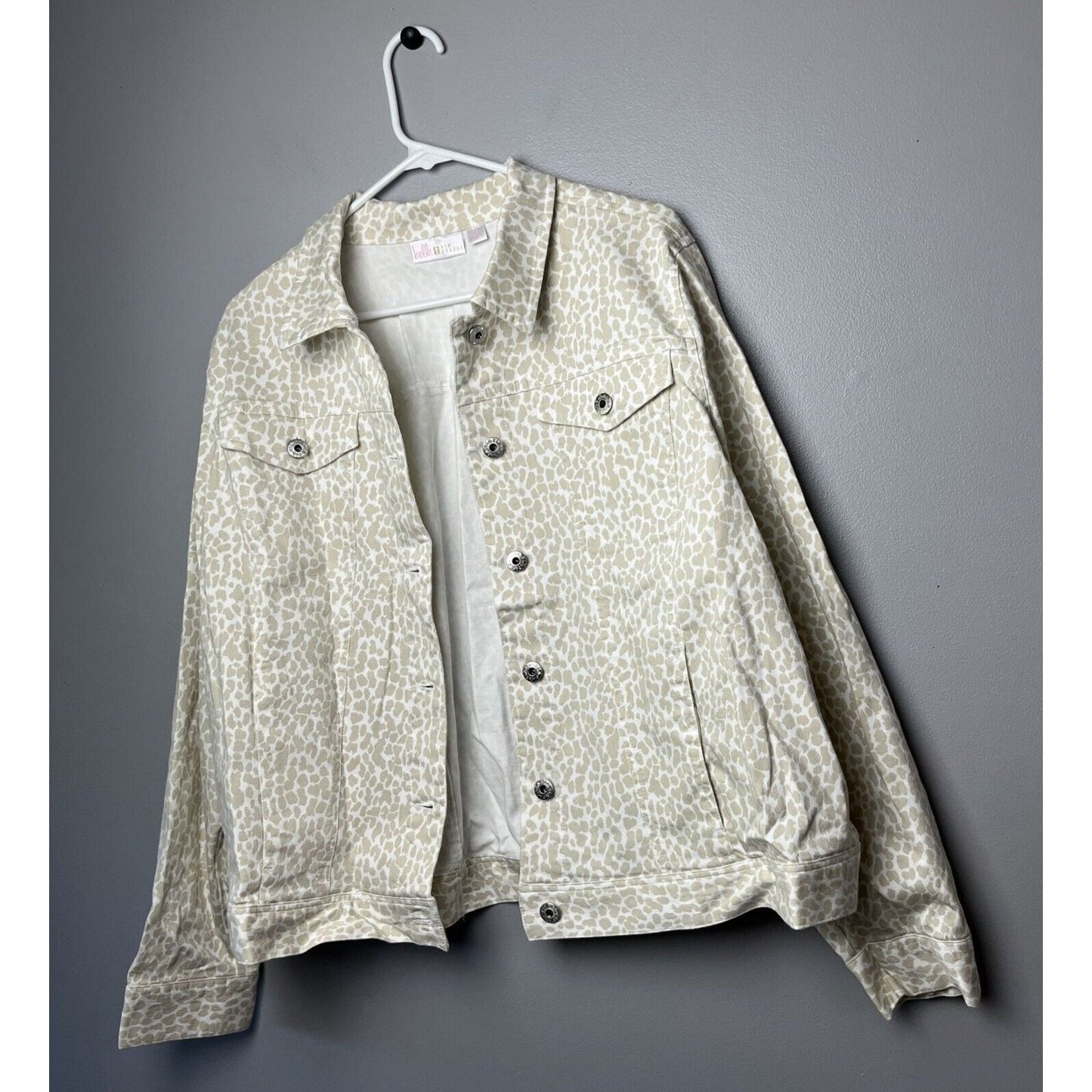 Belle by Kim Gravel TripleLuxe Twill Printed Jean Jacket Sand Leopard Size XL