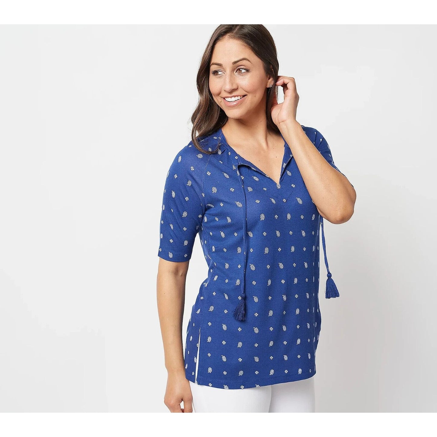 Isaac Mizrahi Printed Ponte Top Tassels &Elbow Sleeves-Royal Navy-Medium-A491883