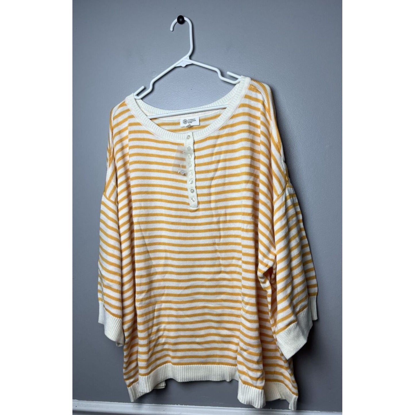 Candace Cameron Bure Soft Boatneck Half Placket Sweater- Amber Stripe, 4X