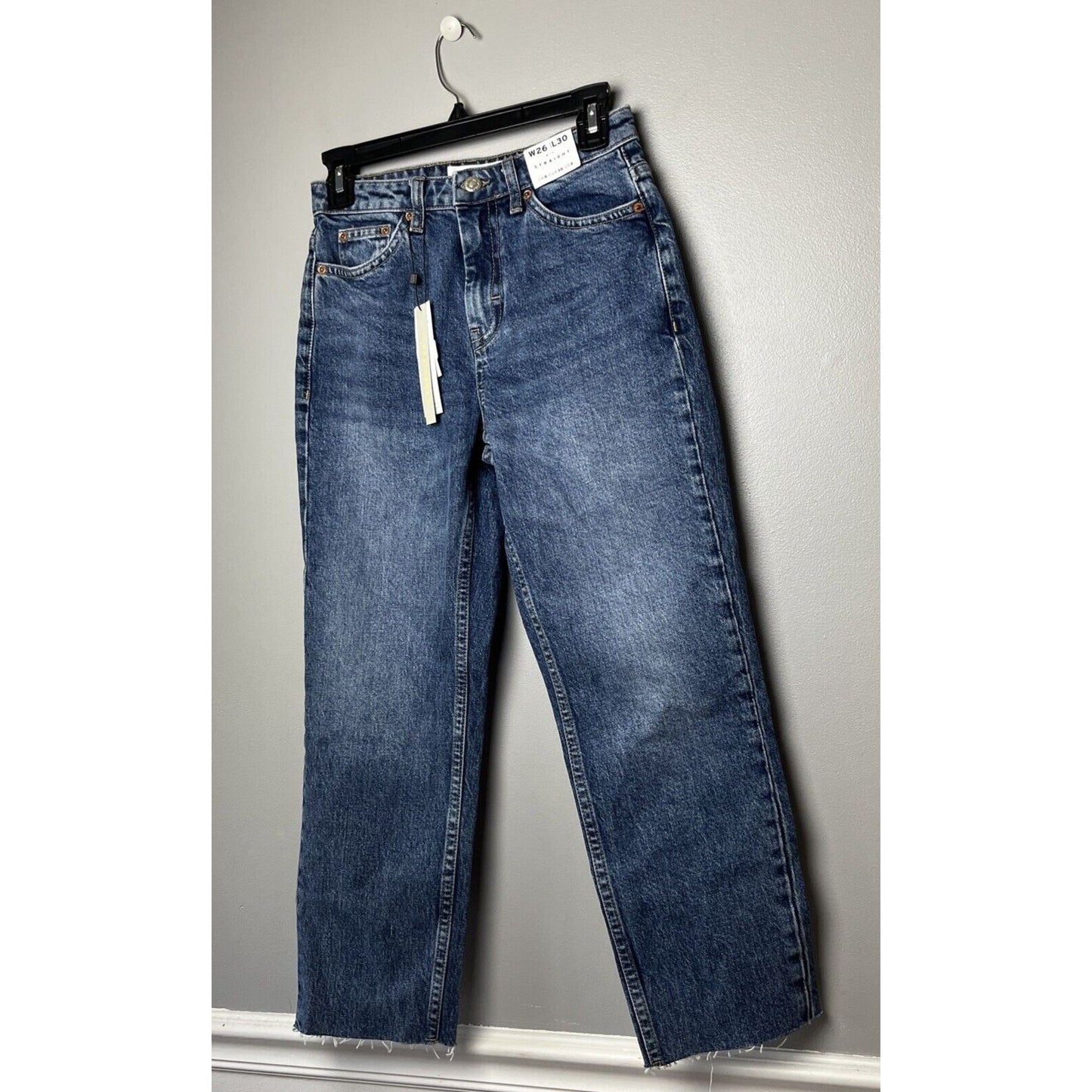 New Topshop Raw Hem Crop Straight Leg Jeans Women's 26 x 30 Blue Denim