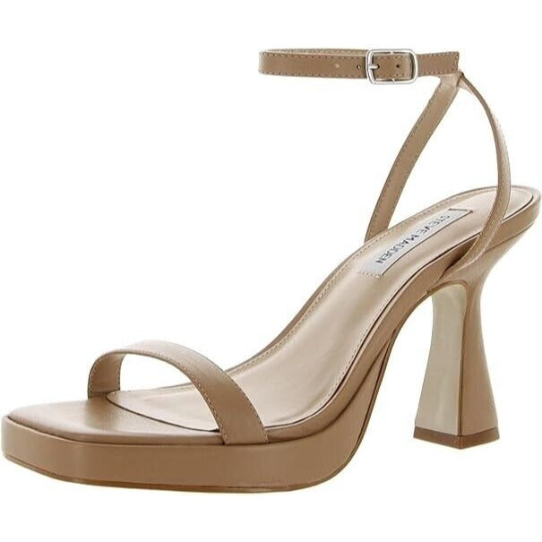 Steve Madden Nicky Tan Leather Ankle Strap Squared Open Toe Heel Sandal Size 8.5
