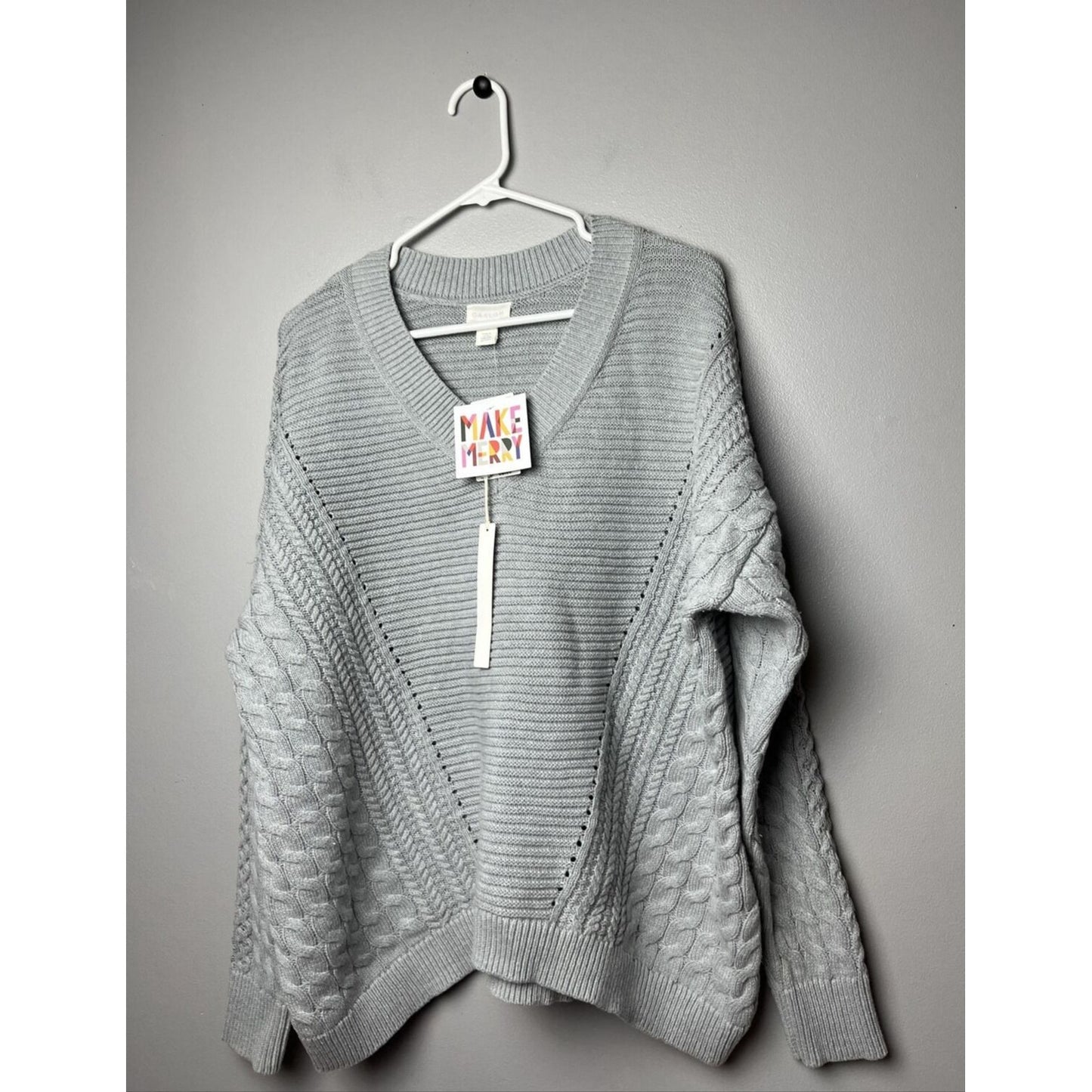 Caslon Cable V-Neck Pointelle Sweater Size XL Grey NWT