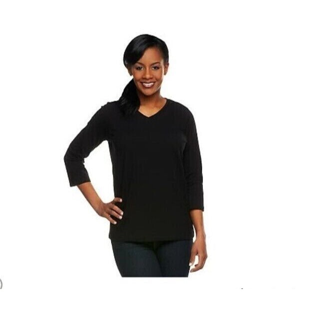 Denim & Co. Essentials Perfect Jersey 3/4 Sleeve Top Sz Large Color Black A91601
