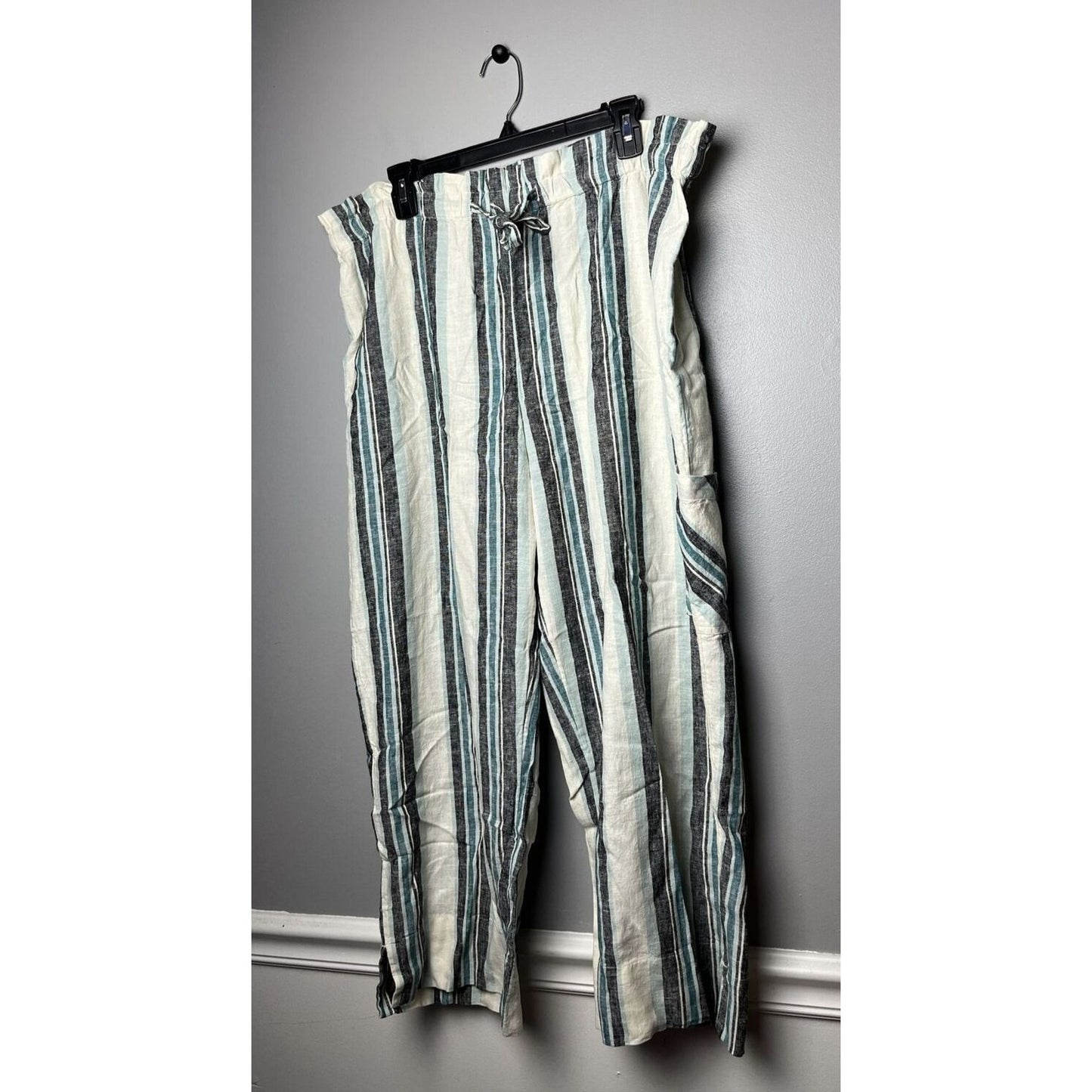 Denim & Co Naturals Reg L Linen Blend Full-Length Pants Blue Multi A394824