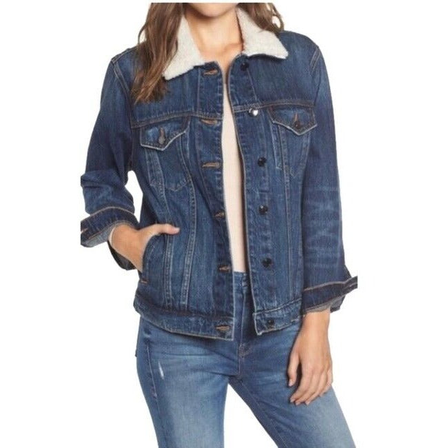 Good American Jacket Size 0/0 Small Denim Sherpa Collar Boyfriend Jacket Womens