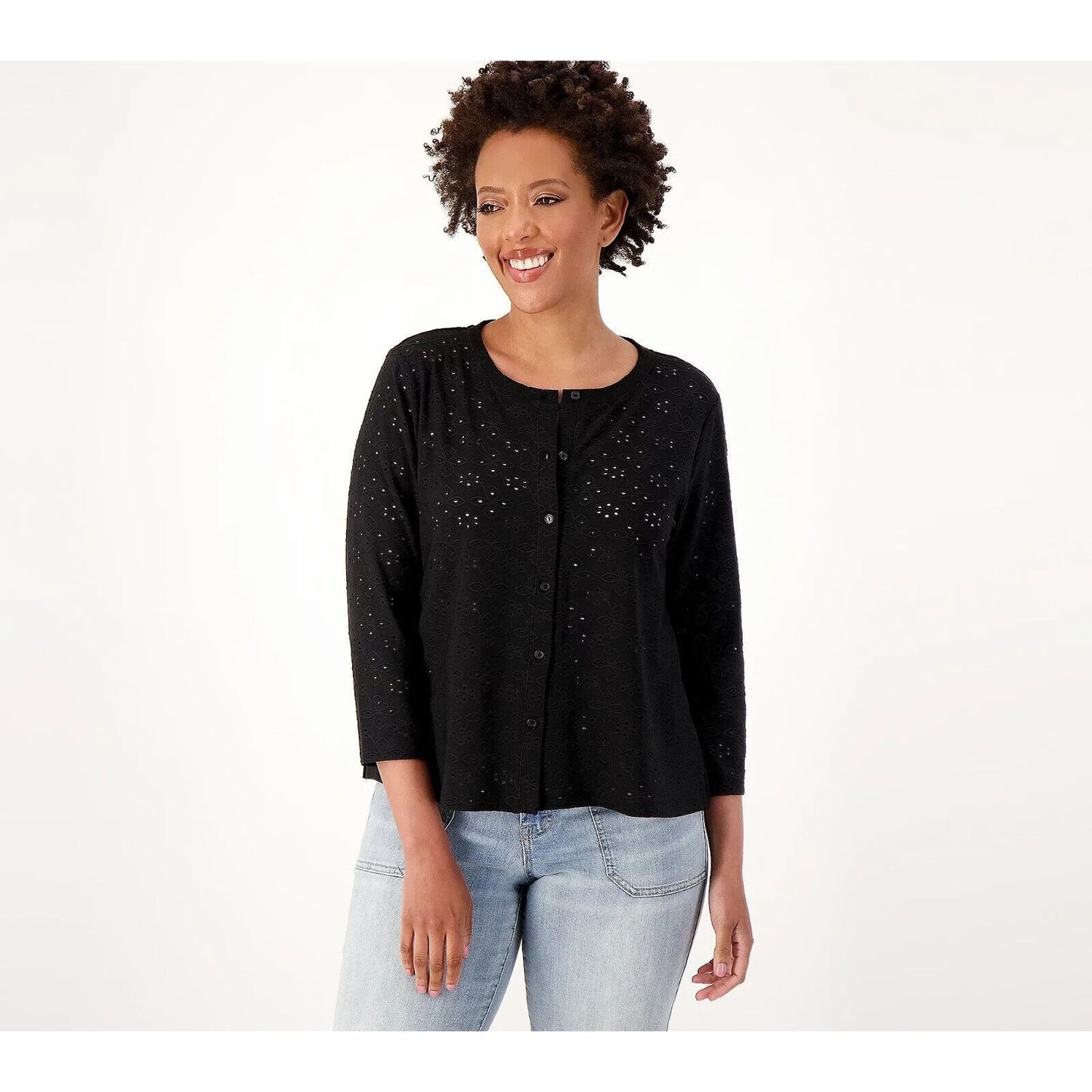 LOGO by Lori Goldstein Stretch Eyelet Button Front Cardigan Black, Small