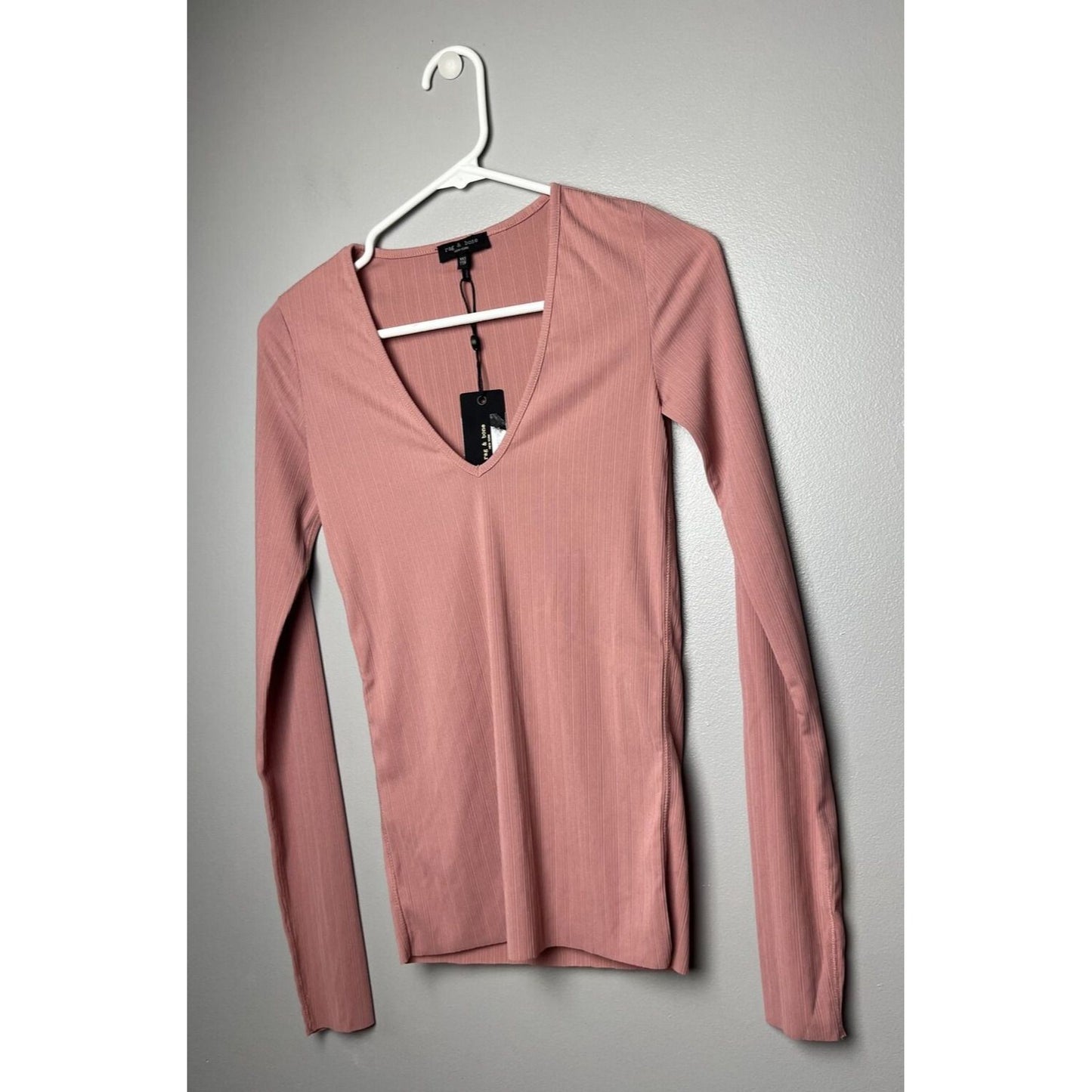 NEW rag & bone ZOE DEEP VEE RIB LONG SLEEVE TOP TEE MAUVE PINK SIZE XXS