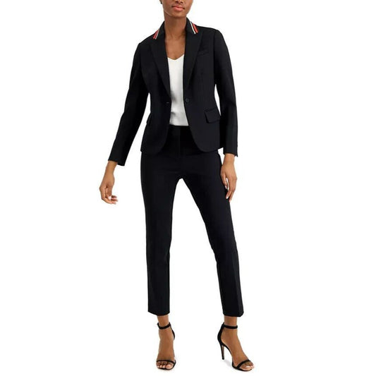 $139 Anne Klein Women's Black Open-Front Stripe-Collar Blazer Jacket Size 12P