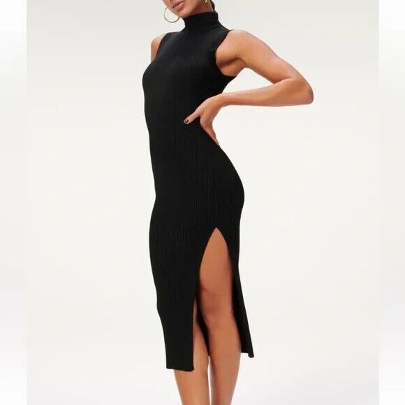 NWT - Good American Black Plaited Sleeveless Ribbed Mock Neck Midi Dress- Sz 3/4