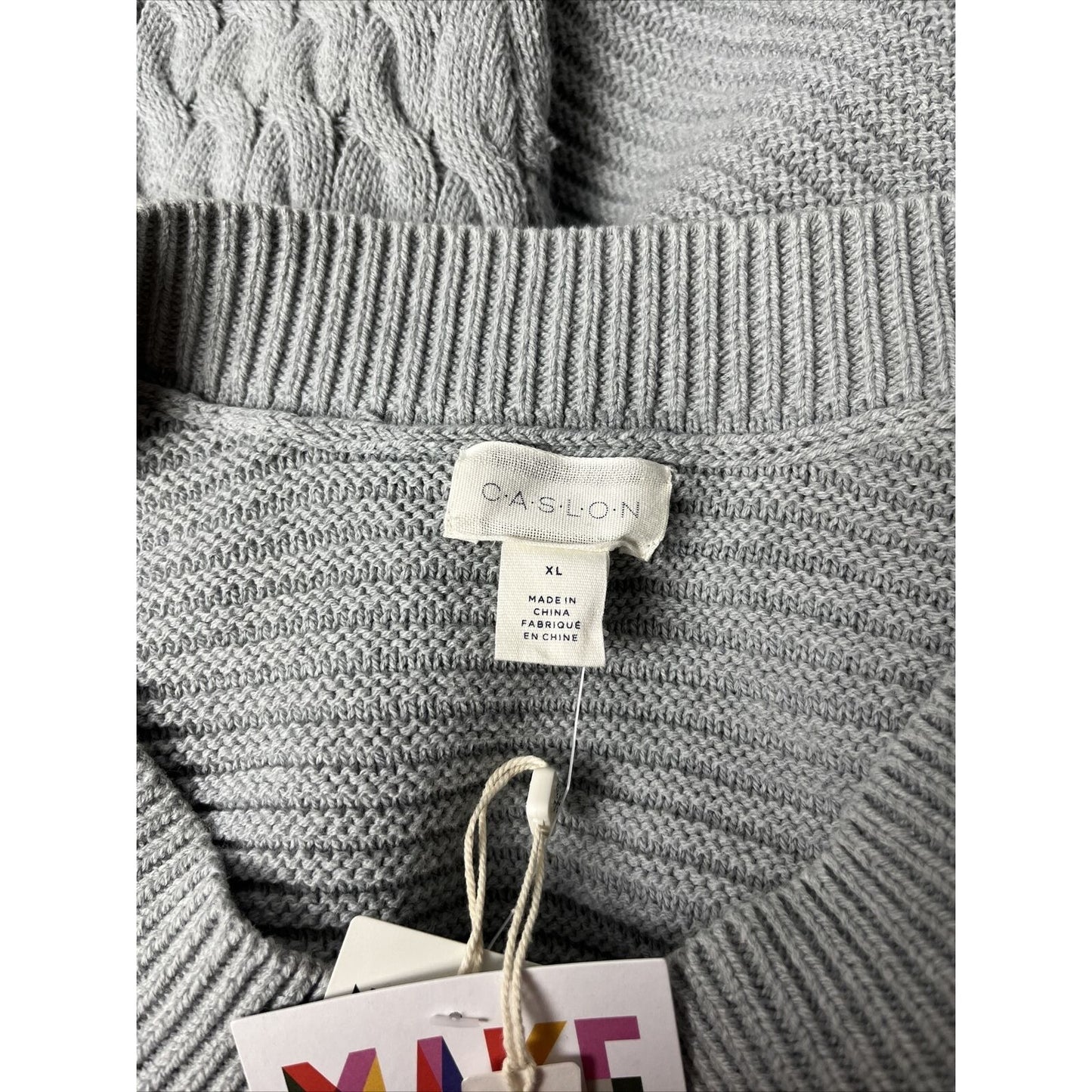 Caslon Cable V-Neck Pointelle Sweater Size XL Grey NWT