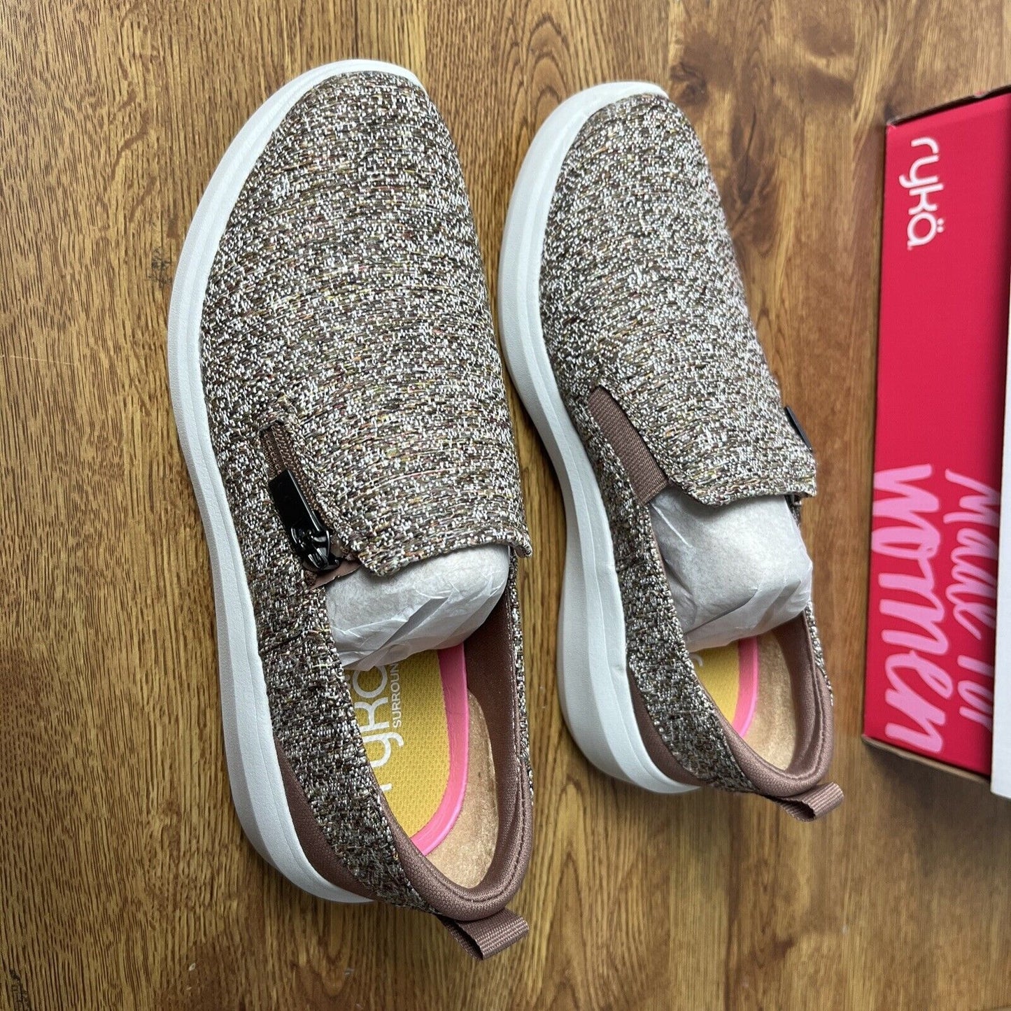 Ryka Women’s Slip-On Shoes with Zip Detail Ally Heathered Beaver Brown 5M NEW