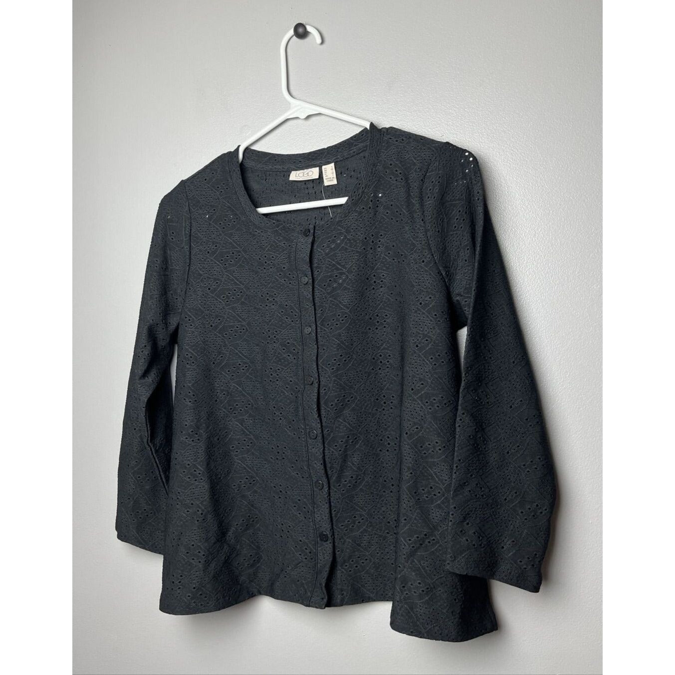 LOGO by Lori Goldstein Stretch Eyelet Button Front Cardigan Black, Small
