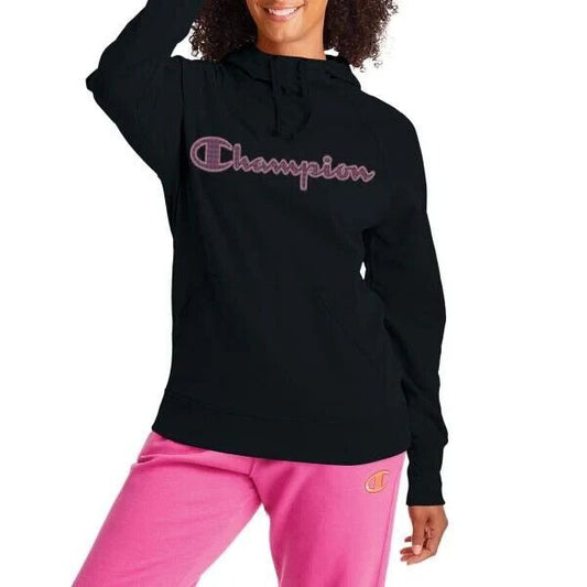 $55 Champion Women's Black Pink Long-Sleeve Powerblend Logo Hoodie Sweater