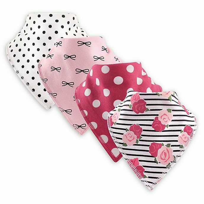 4-Piece Hudson Baby Pink Roses Cotton/Fleece Bandana Bibs
