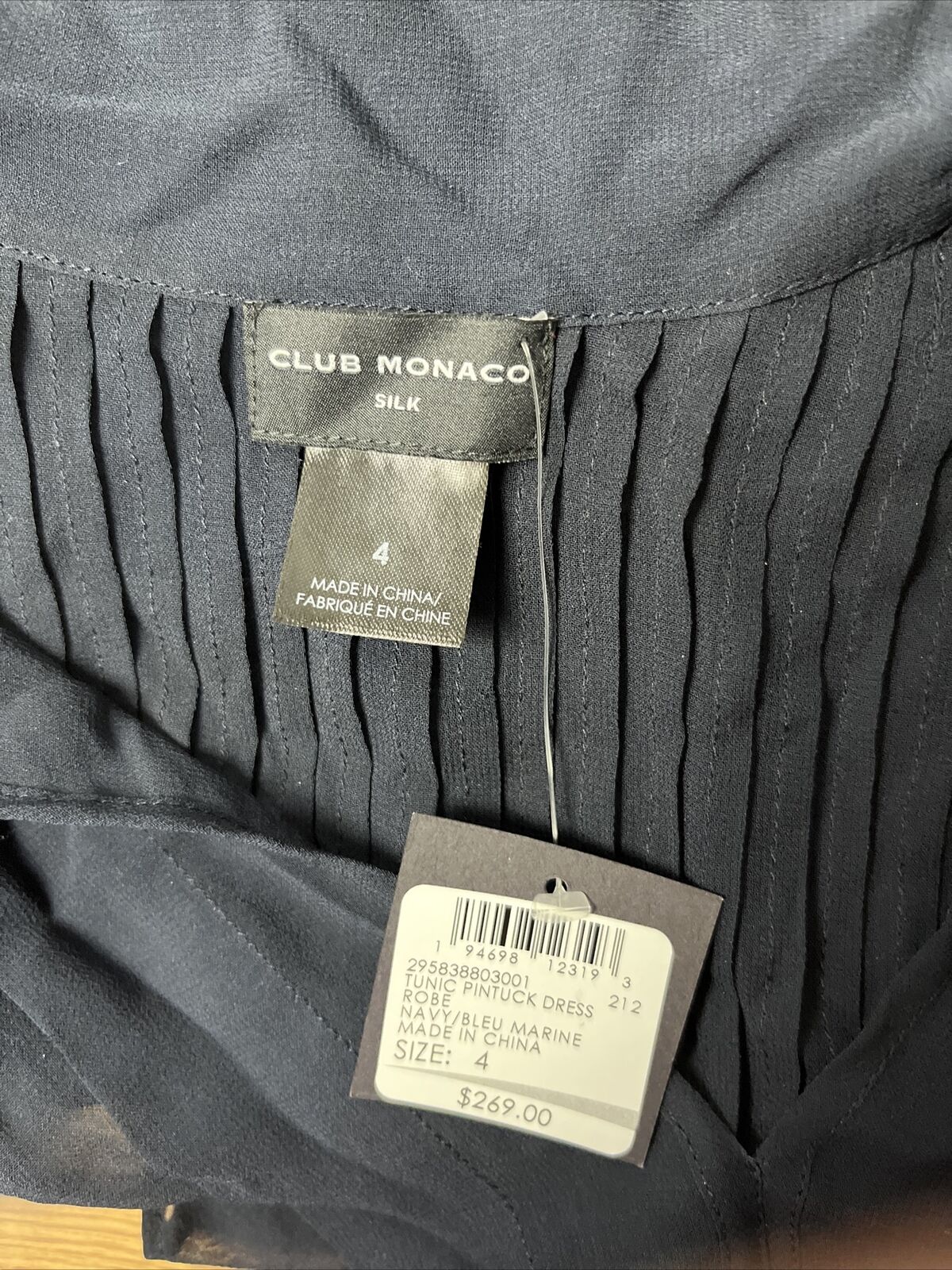 Club Monaco Womens Dress Size 4 Navy Blue Silk Pintuck Tunic Style NWD