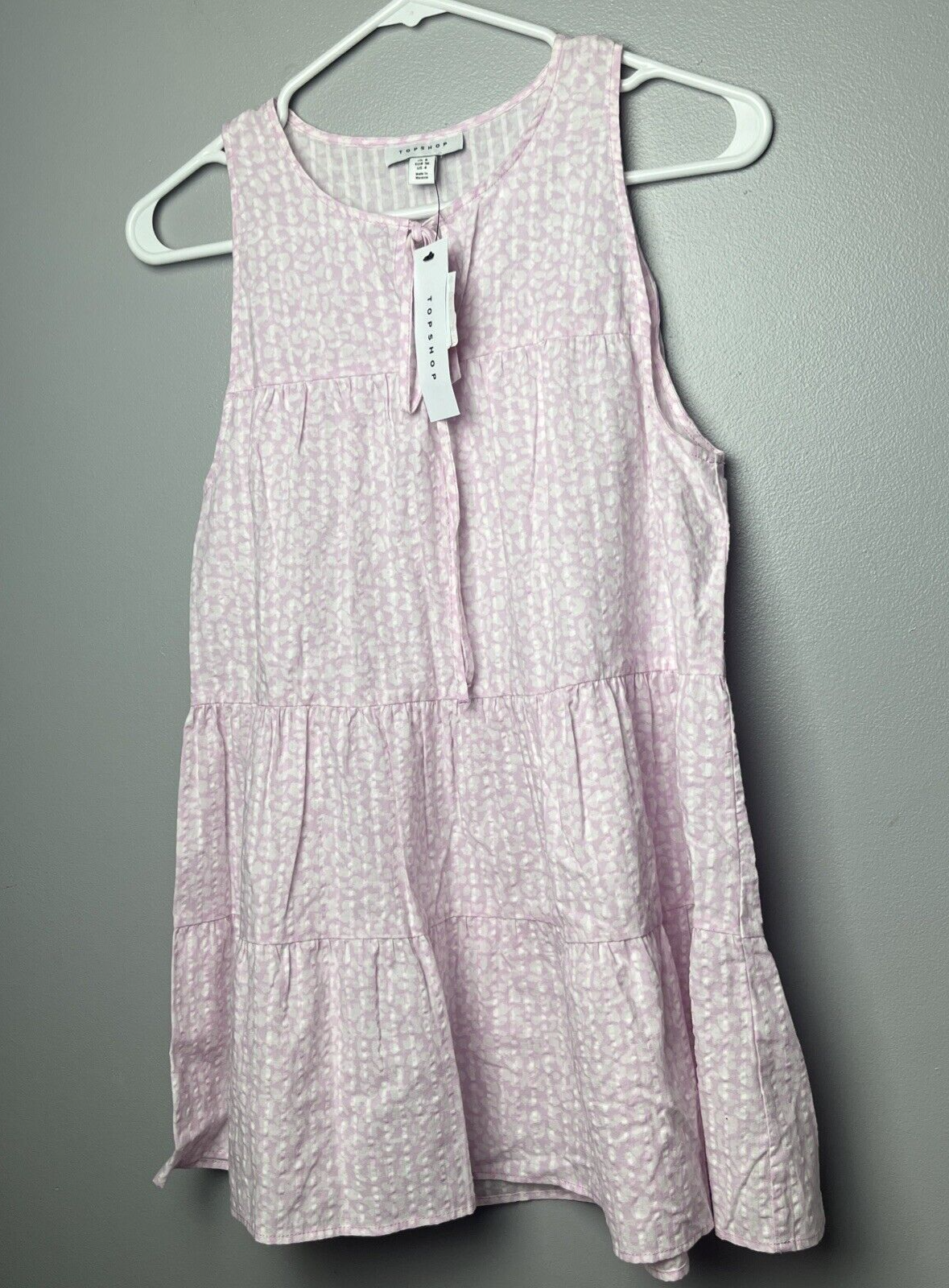 Topshop Women's Size 4 Pink White Sleeveless 100%Cotton String Neck Tie Dress