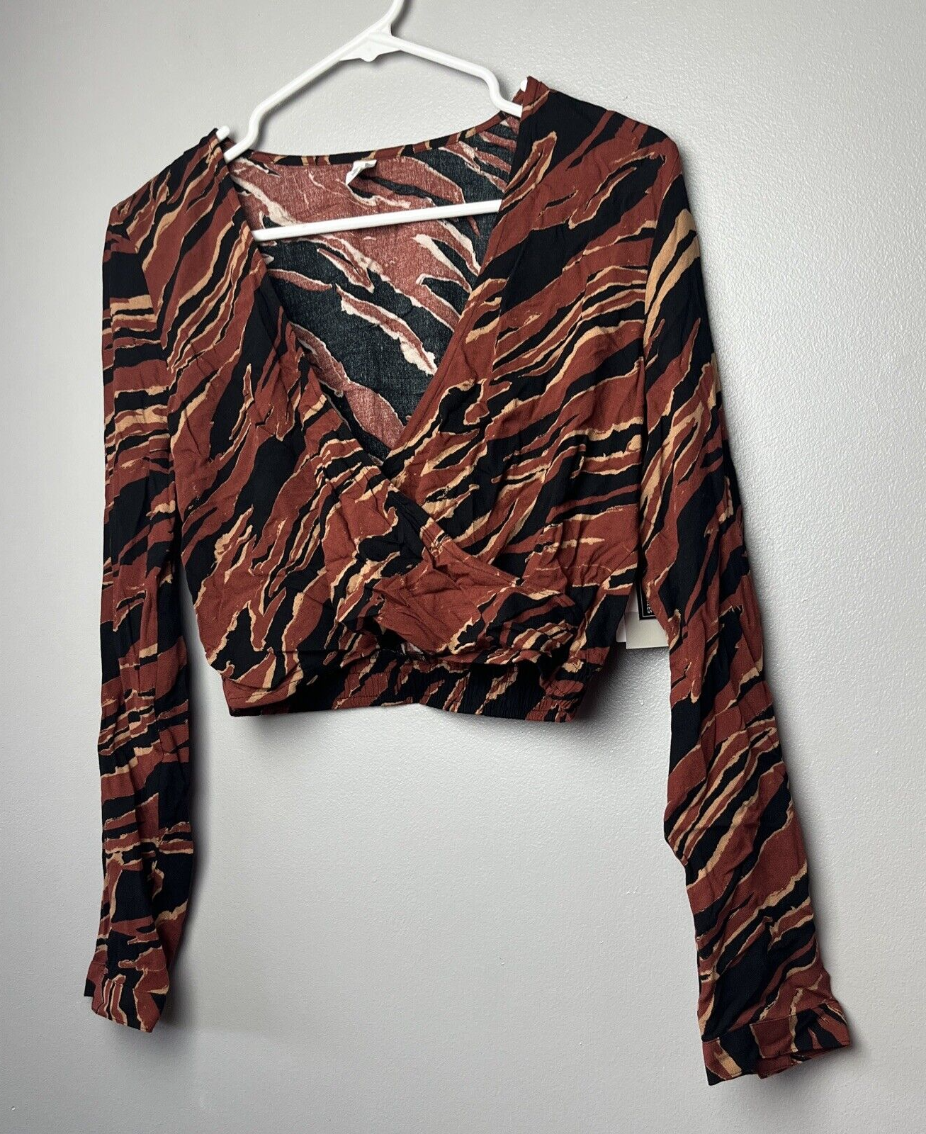 BP. Surplice V-Neck Crop Top Women's S Brown Burnout Tiger Stripe Long Sleeve