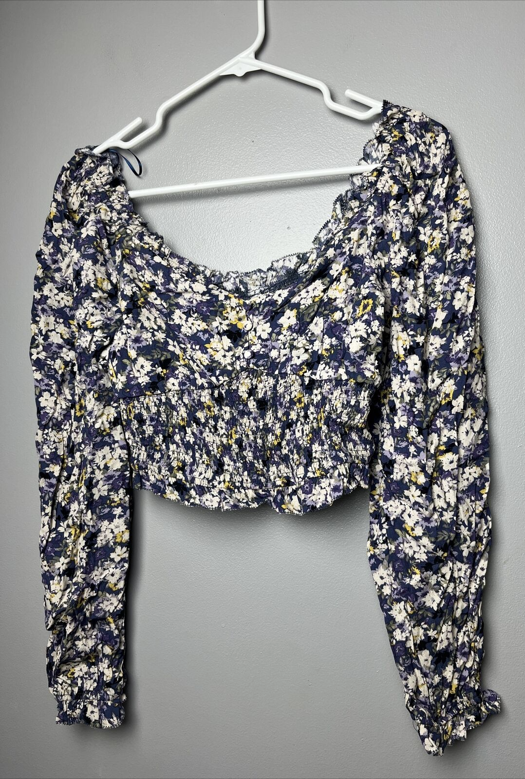 Elodie Shirt Women Small Navy Floral Print Long Sleeve Smocked Boho Crop NWT