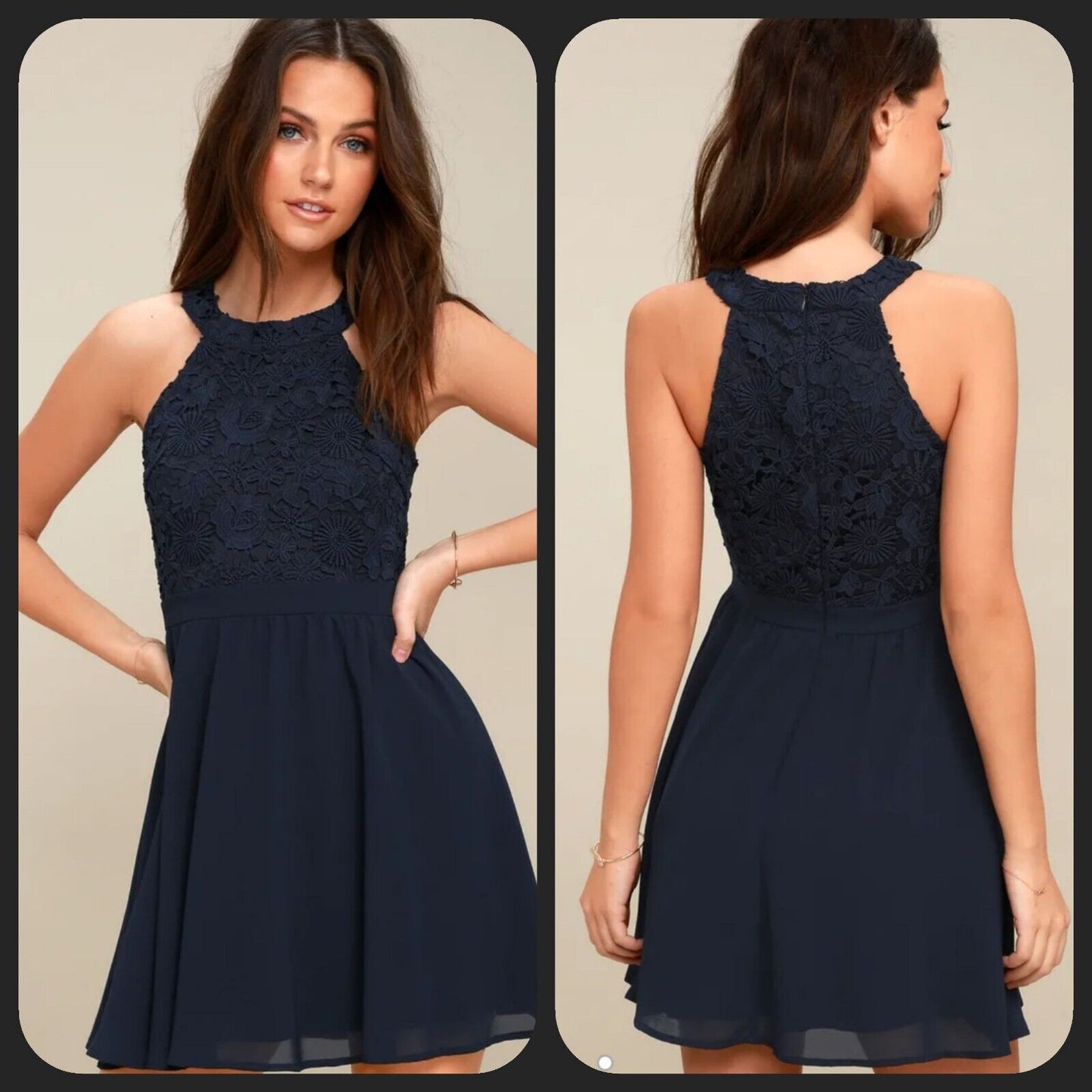 LULUS Lovers Game Navy Blue Lace Top Skater Dress Size MEDIUM