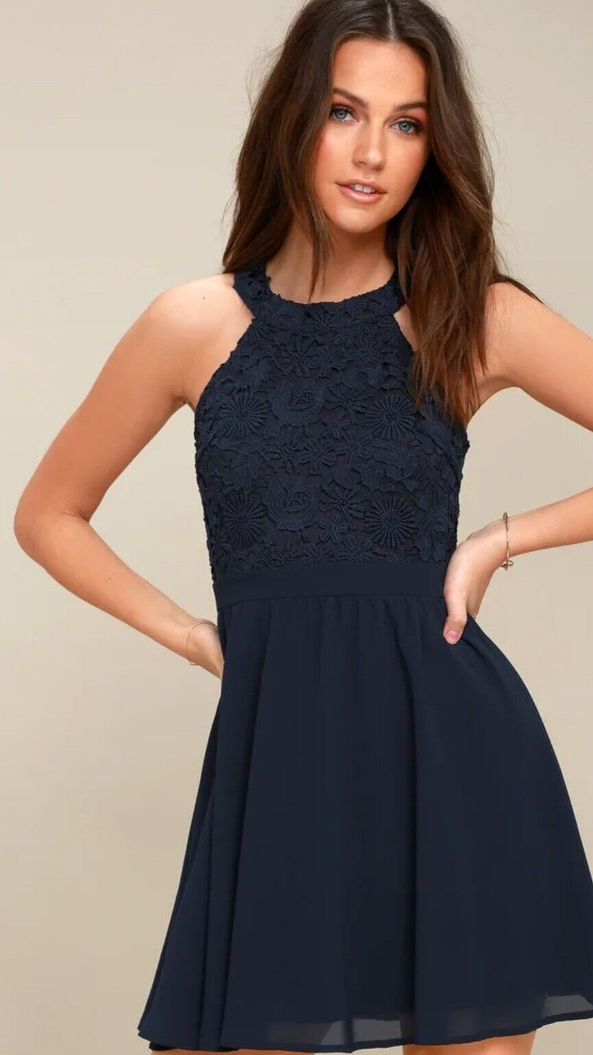 LULUS Lovers Game Navy Blue Lace Top Skater Dress Size MEDIUM