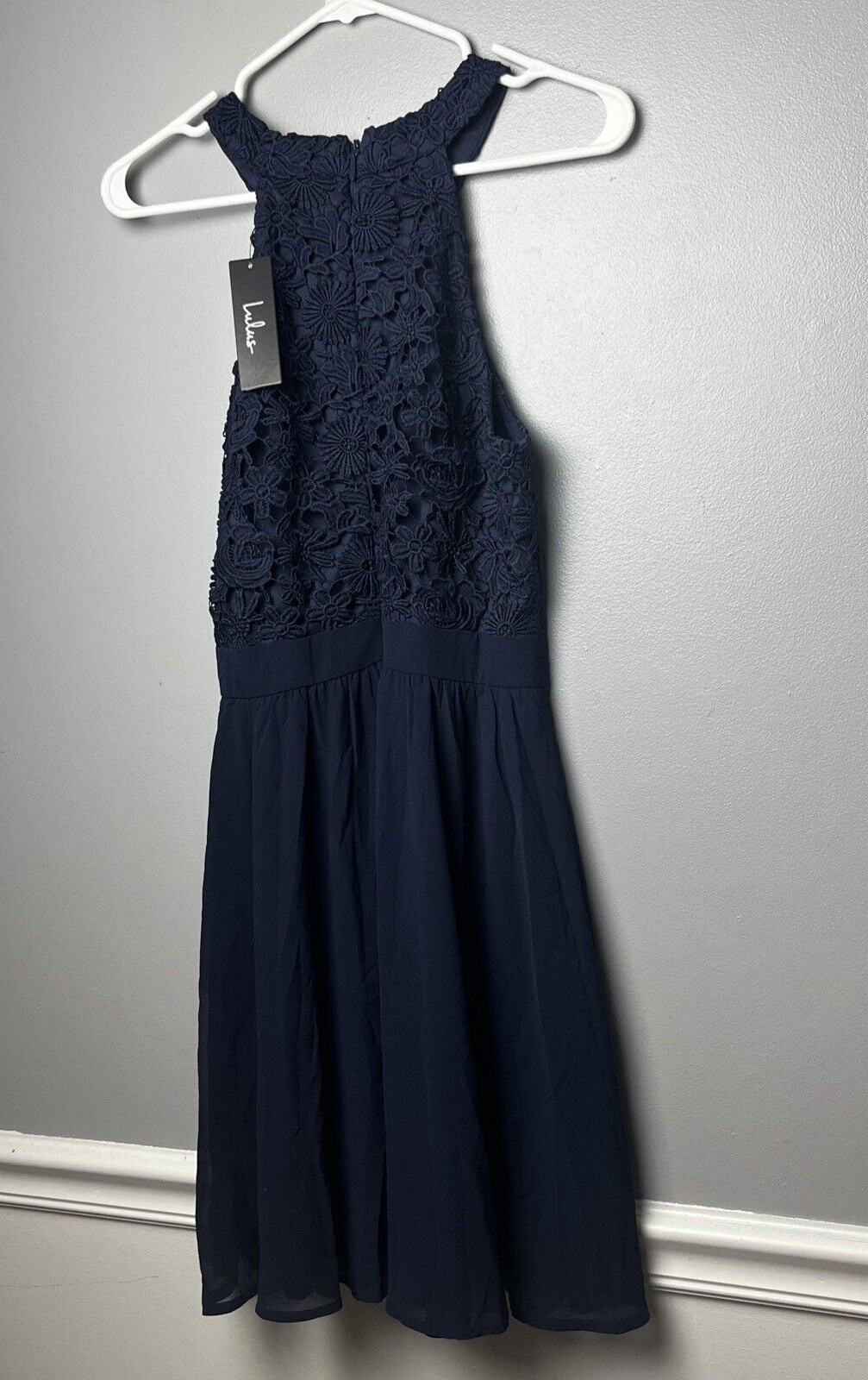 LULUS Lovers Game Navy Blue Lace Top Skater Dress Size MEDIUM