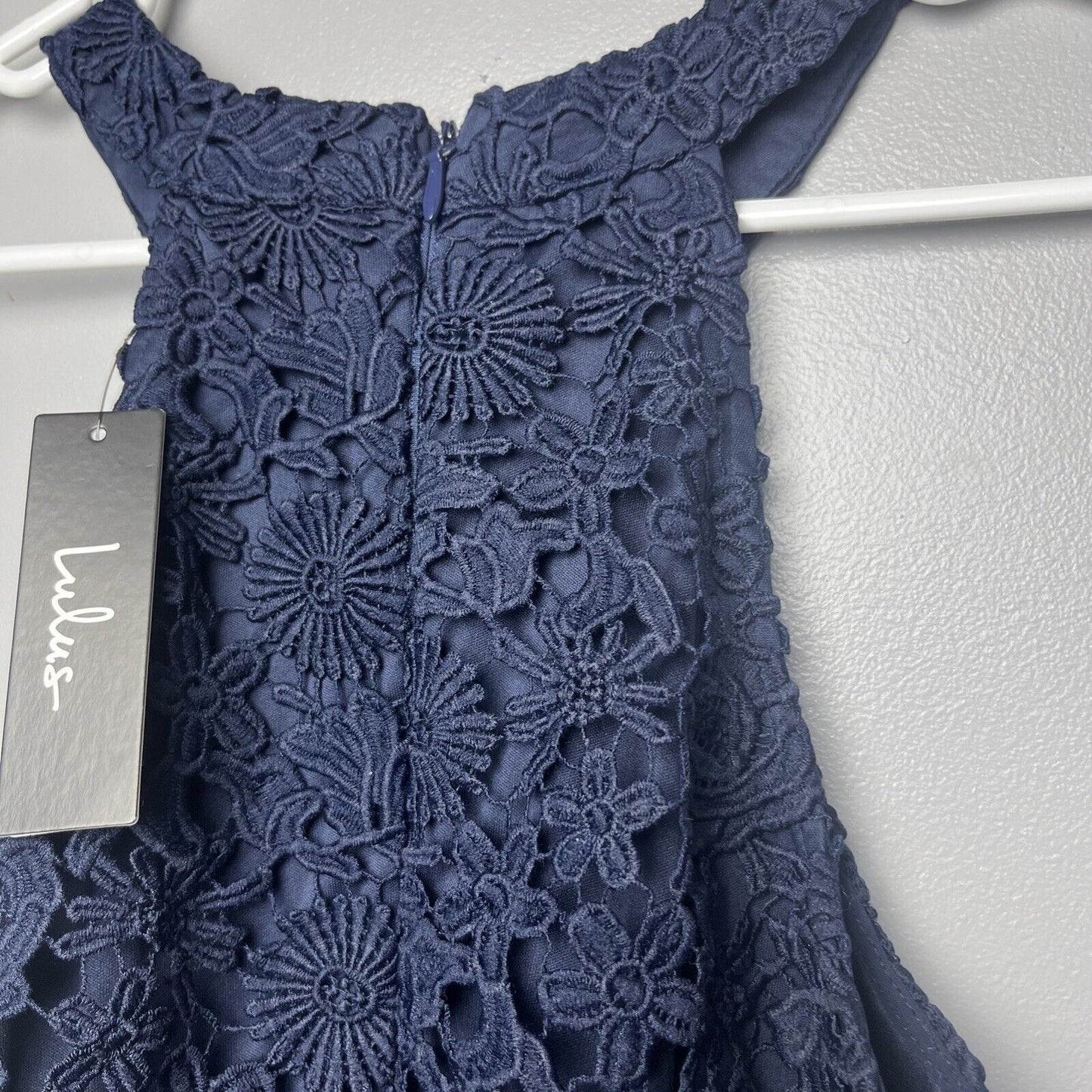 LULUS Lovers Game Navy Blue Lace Top Skater Dress Size MEDIUM