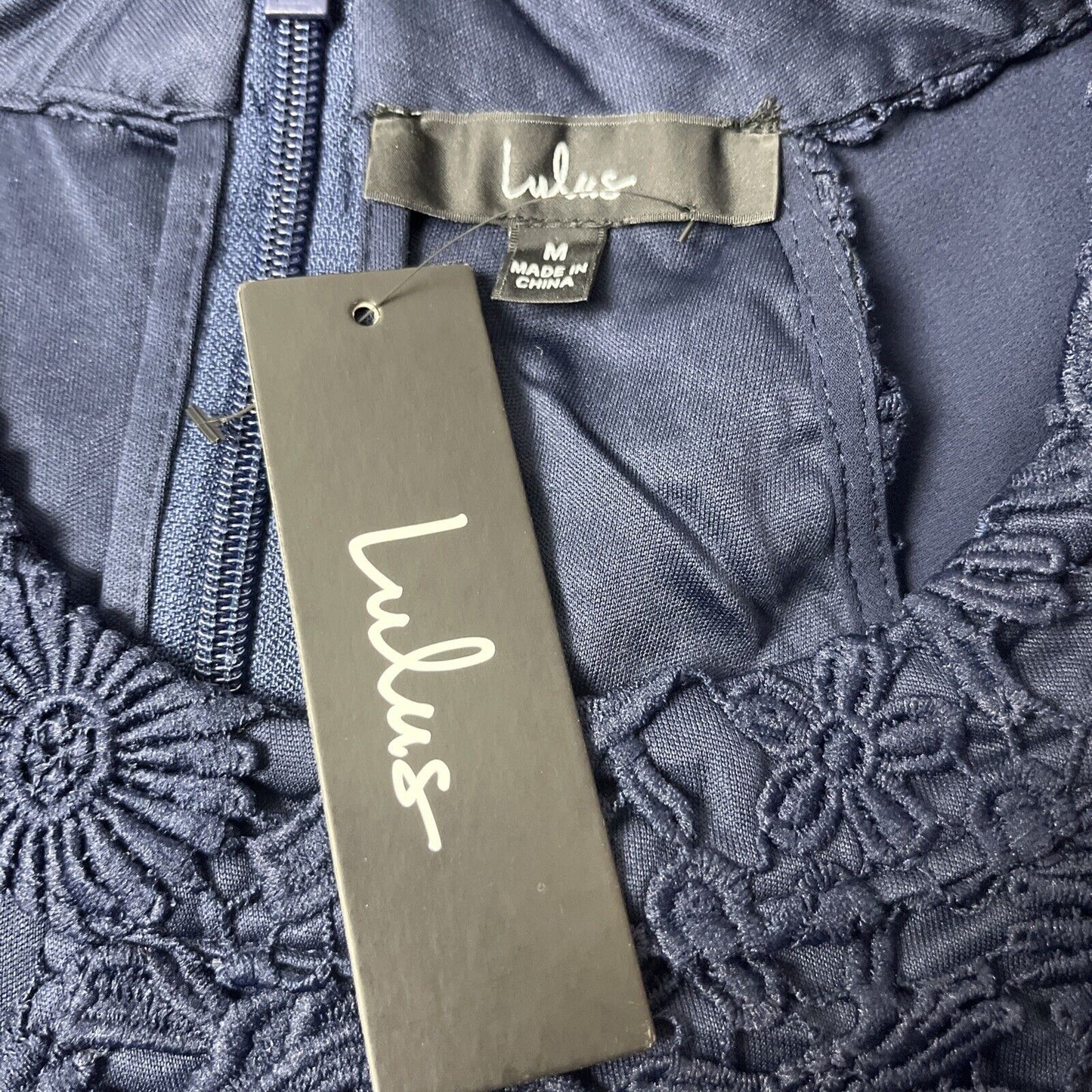 LULUS Lovers Game Navy Blue Lace Top Skater Dress Size MEDIUM