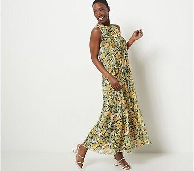 Girl With Curves Knit Mesh A-Line Maxi Dress (Yellow Floral, 1XP) A485736