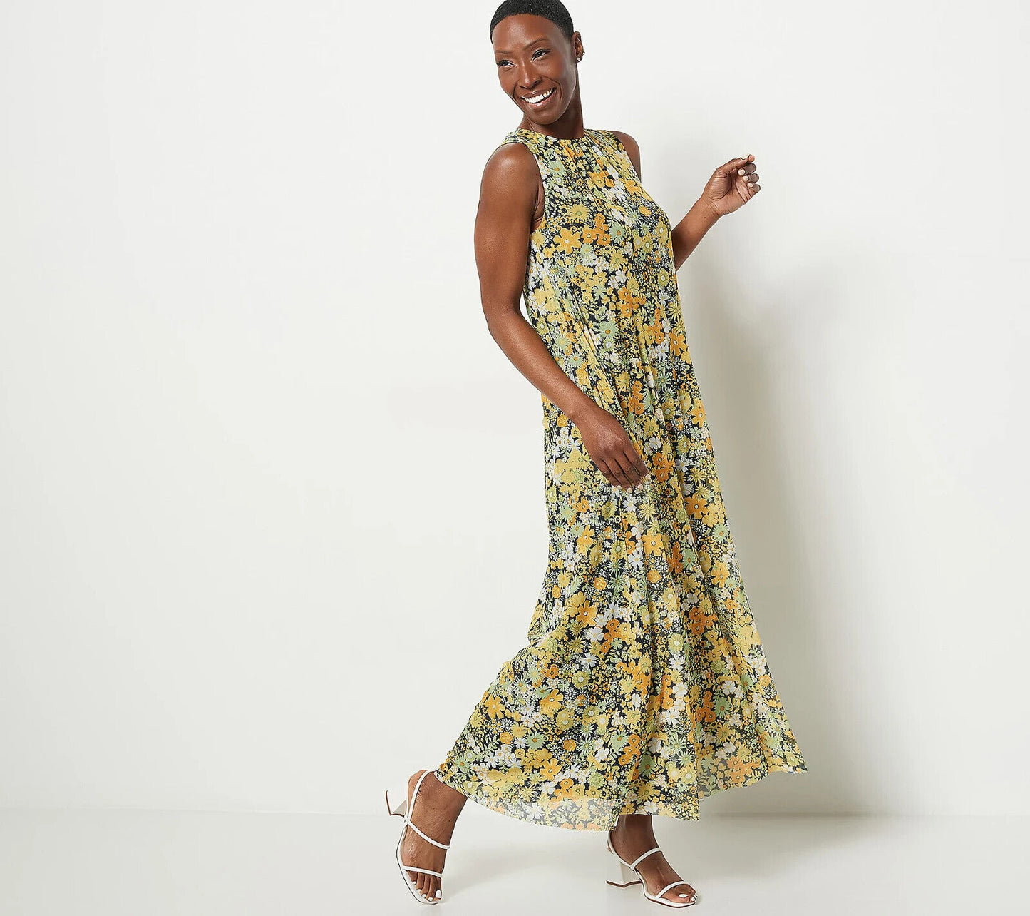 Girl With Curves Knit Mesh A-Line Maxi Dress (Yellow Floral, 1XP) A485736