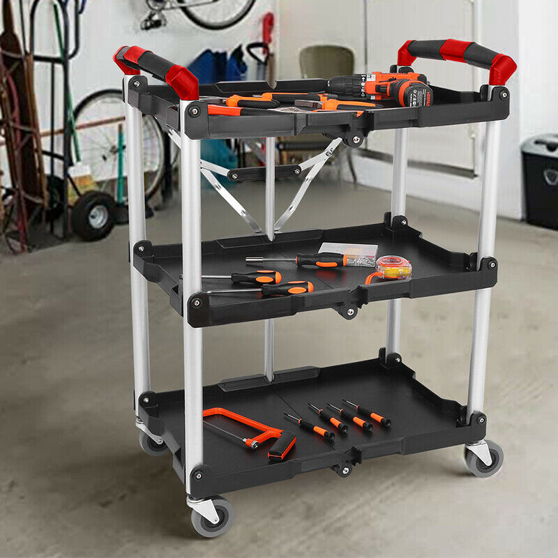 Heavy Duty Rolling Foldable Three Tiered Utility Tool Cart