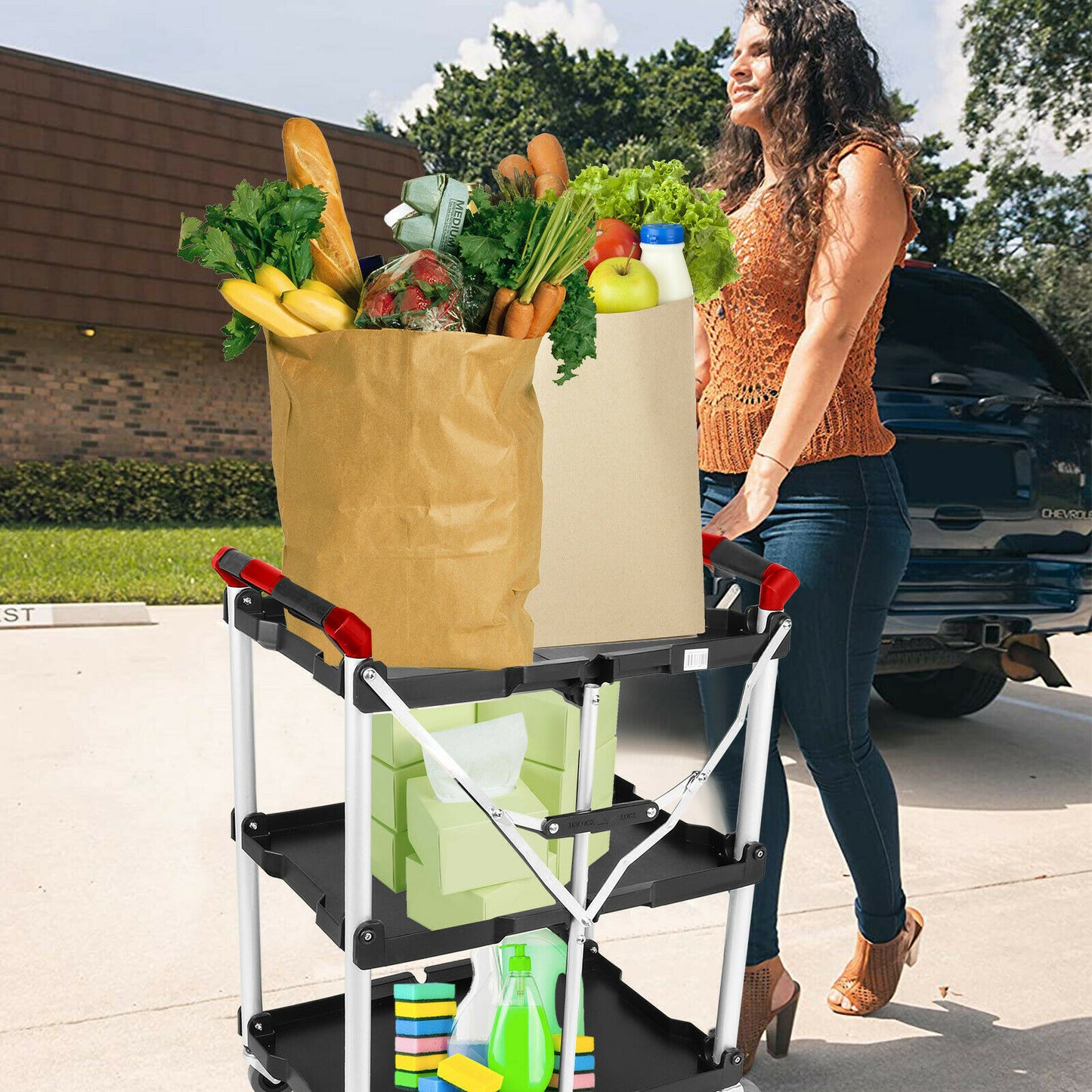 Heavy Duty Rolling Foldable Three Tiered Utility Tool Cart