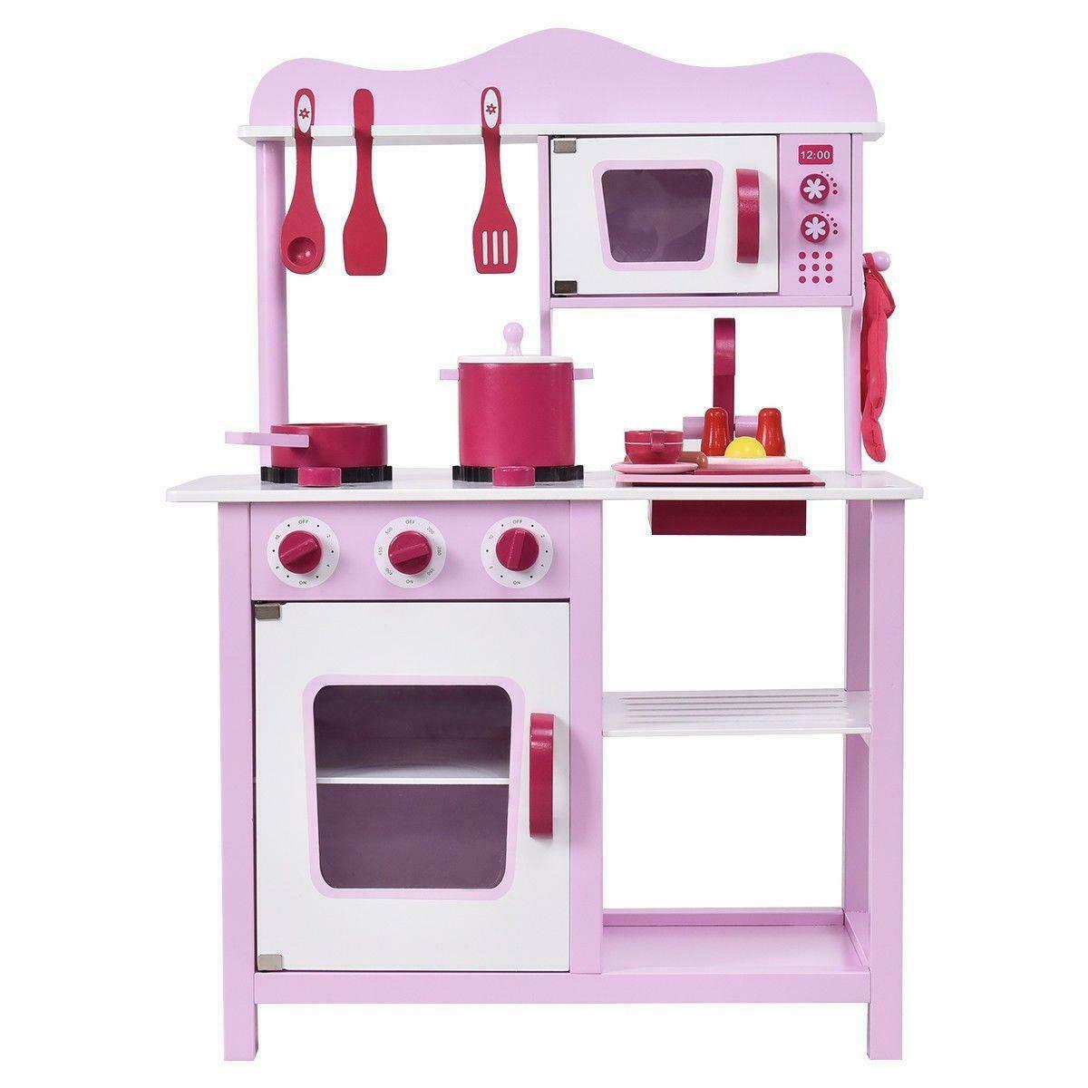 Little Girls Large Wooden Kids Play Kitchen Toy Set