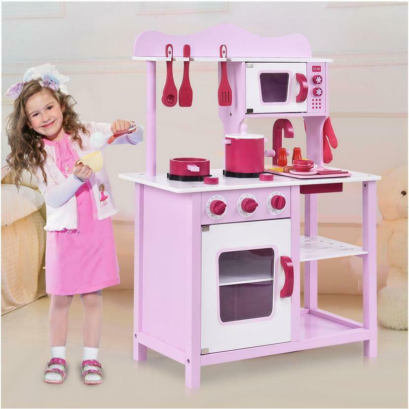 Little Girls Large Wooden Kids Play Kitchen Toy Set