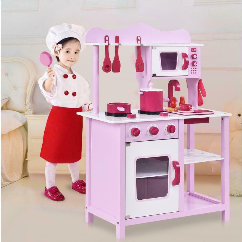 Little Girls Large Wooden Kids Play Kitchen Toy Set