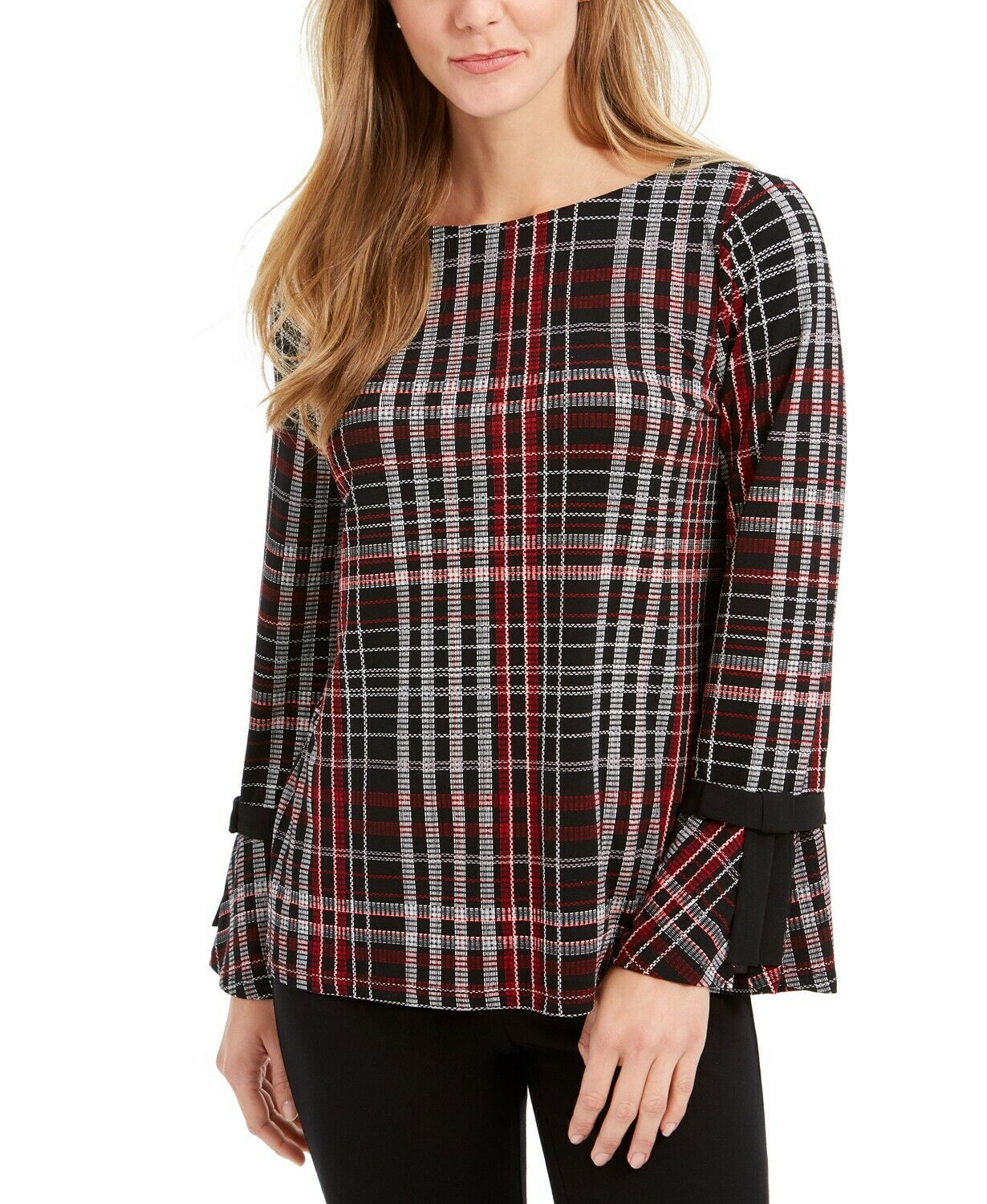 Charter Club Women's Plaid Long Sleeve Contrast-Trim Top, Medium