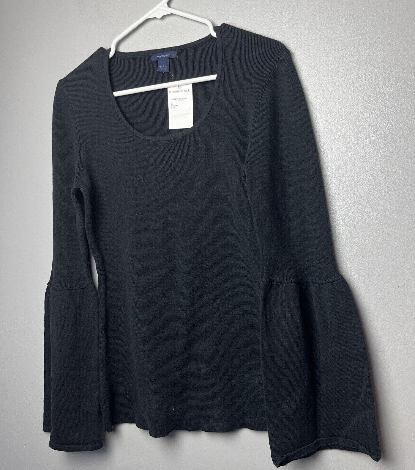 NWT WESTBOUND BLACK STRETCH RIBBED KNIT BELL CUFF PULLOVER TOP SWEATER SIZE L