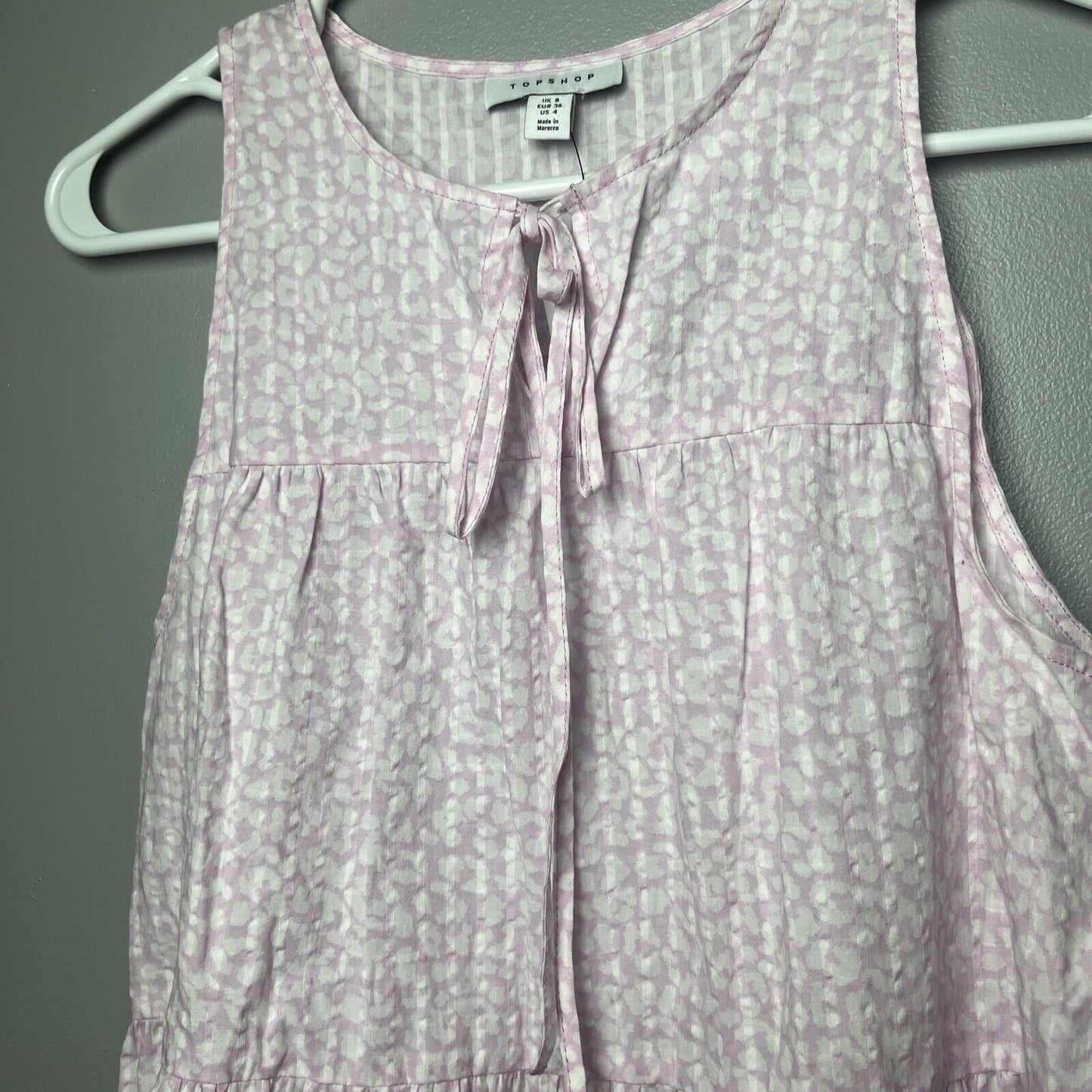 Topshop Women's Size 4 Pink White Sleeveless 100%Cotton String Neck Tie Dress