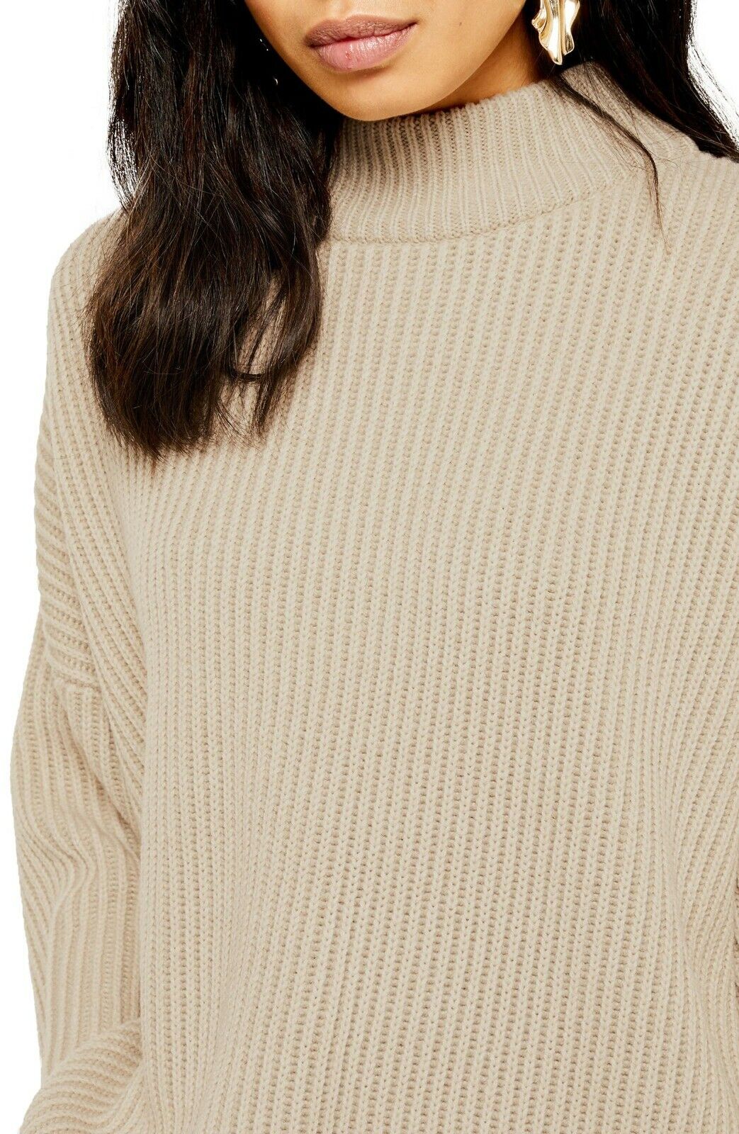 Topshop Women's Beige Drop Shoulder Mock Neck Ribbed Pullover Sweater, Large