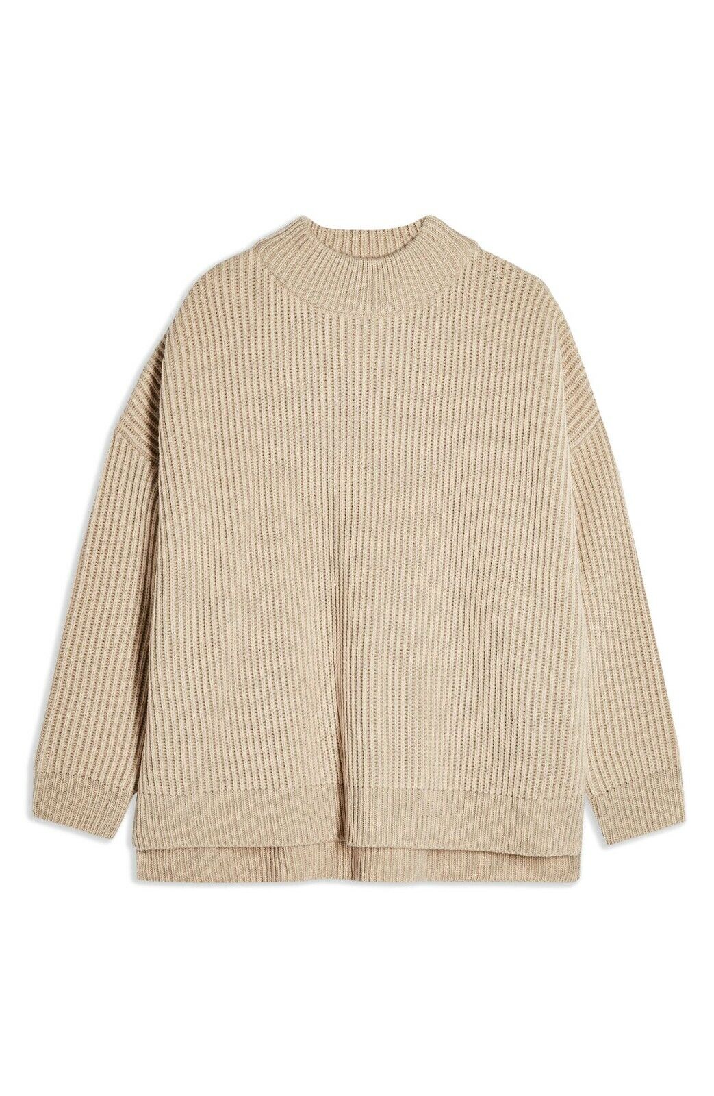 Topshop Women's Beige Drop Shoulder Mock Neck Ribbed Pullover Sweater, Large