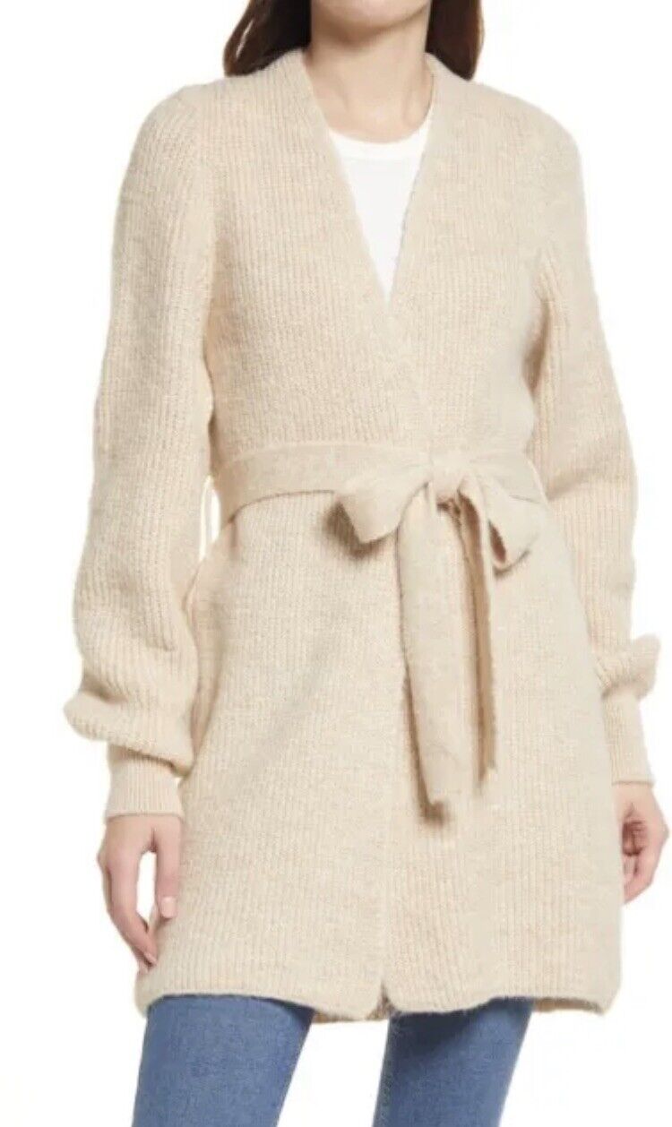TOPSHOP Cardigan SWEATER KNIT Stone Belted BLOUSON SLEEVE Chunky Size S (4 - 6)