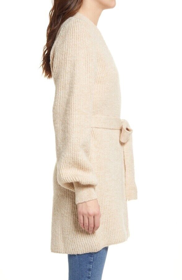 TOPSHOP Cardigan SWEATER KNIT Stone Belted BLOUSON SLEEVE Chunky Size S (4 - 6)