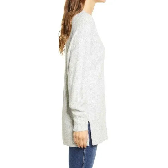 Halogen Cozy V-neck Tunic Sweater In Grey Light Heather L Large NEW