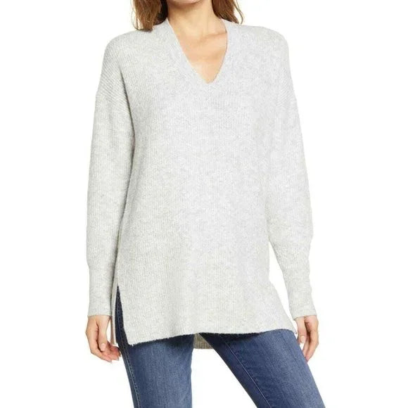Halogen Cozy V-neck Tunic Sweater In Grey Light Heather L Large NEW