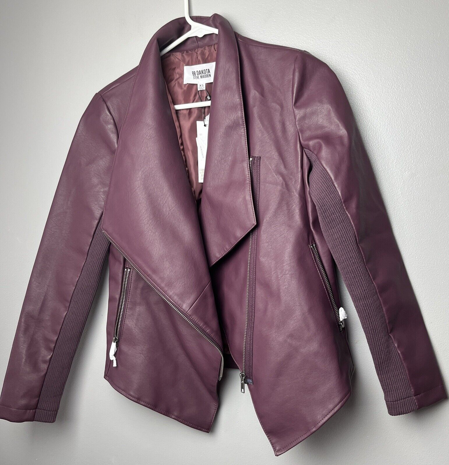 New BB Dakota Sz XS Gabrielle Faux Leather Jacket Fig Asymmetric Zip Vegan Moto