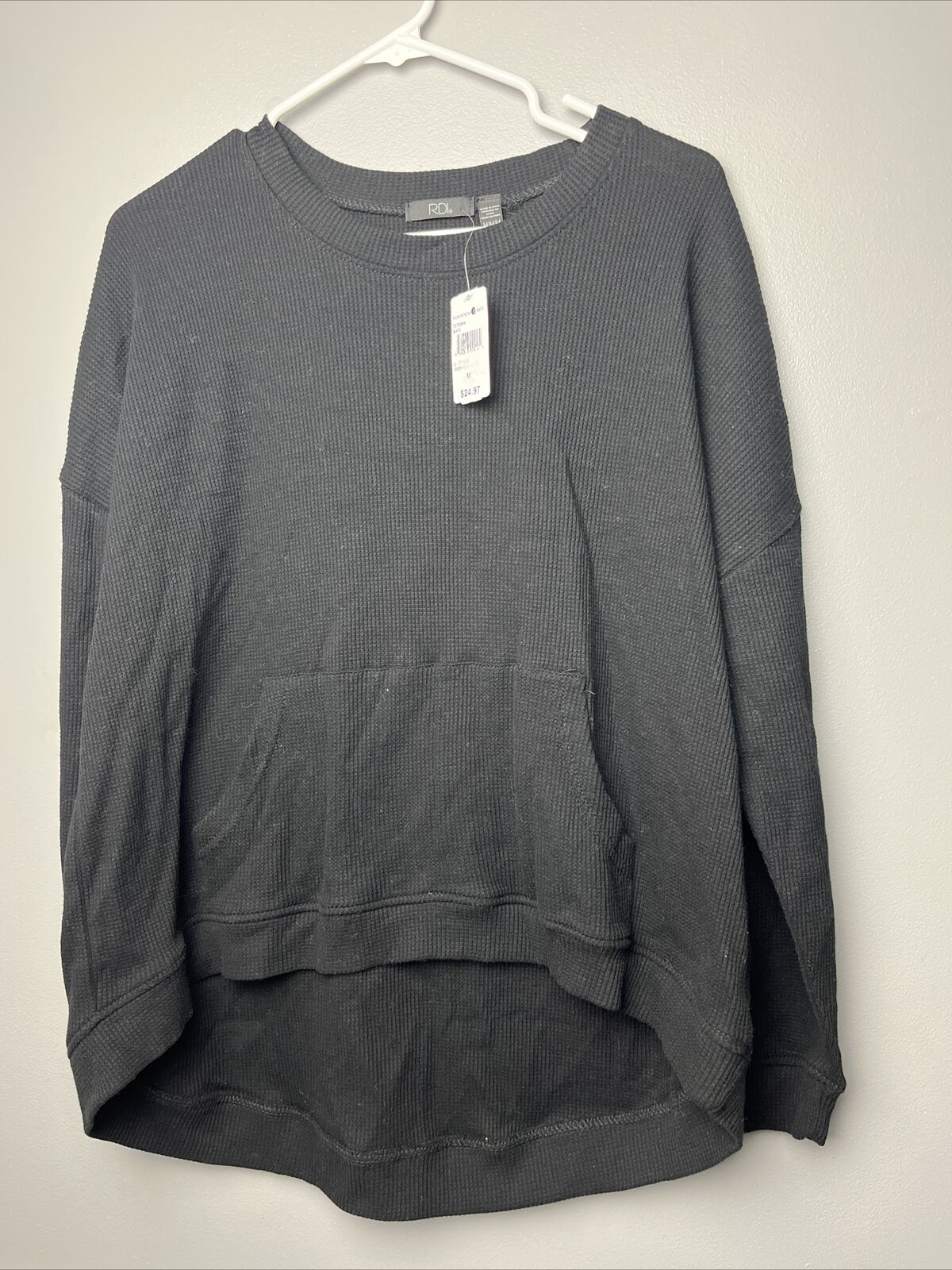 RDI Women’s Waffle Knit Kangaroo Pocket Sweater Black Medium NWT N2967