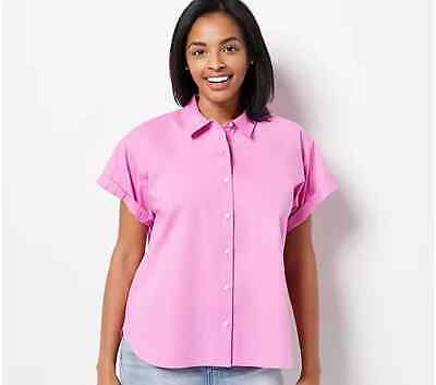 Candace Cameron Bure Women's Top Sz L Reg Stretch Poplin Shirt Pink A480585