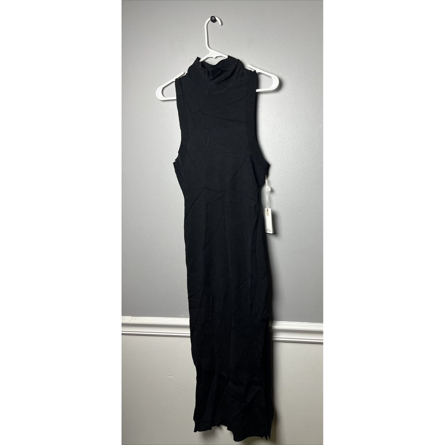 NWT - Good American Black Plaited Sleeveless Ribbed Mock Neck Midi Dress- Sz 3/4